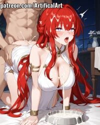 1boy ahe_gao ahegao_face ai_generated all_fours artifical_art blush bracelet bukkake cum cum_in_bowl cum_in_mouth cum_in_pussy cum_on_body cum_on_breasts cum_on_face cum_on_tongue doggy_style drinking_cum female hair_ornament honkai:_star_rail honkai_(series) hoyoverse jewelry licking_cum light-skinned_female light_skin long_hair mihoyo open_mouth perfect_body purple_eyes red_hair rolling_eyes sex tongue_out tribios_(honkai:_star_rail)