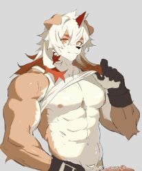 1boy abs absurdres arknights bara black_gloves chinese_commentary closed_mouth clothes_lift colored_tips commentary_request erection furry furry_male ganlu_haishi_yaojin gloves grey_hair highres horns hung_(arknights) komainu_boy komainu_ears looking_at_viewer male_focus multicolored_hair muscular muscular_male nipples pectorals penis shirt shirt_lift single_horn sleeveless sleeveless_shirt smile tank_top watermark weibo_watermark white_shirt white_tank_top