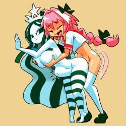 1boy 1girl1boy 1girls ai_generated astolfo_(fate) astolfo_(sailor_paladin)_(fate) color colored dark_green_hair fate_(series) femboy femboy_on_female pink_hair sex starbucks starbucks_siren starbucks_siren_(gashi-gashi_redesign) stomach_bulge white-skinned_female white_hair