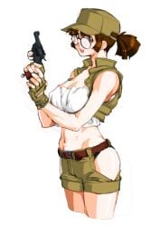 belt black_panties breasts brown_eyes brown_hair cleavage crop_top enfield_no.2_mk1 female fingerless_gloves fio_germi glasses gloves gun handgun hat holding holding_gun holding_weapon large_breasts metal_slug midriff no_bra open_mouth panties ponytail qkat_(arikawa-dou) revolver short_hair short_ponytail shorts simple_background solo teeth underwear upper_teeth_only vest weapon white_background