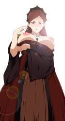 absurdres breasts commentary_request dress female highres hilda_boreas_greyrat hukii jewelry large_breasts lens_flare long_hair looking_at_viewer mature_female mushoku_tensei necklace nipples red_hair simple_background solo white_background