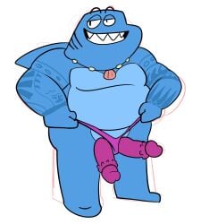 2025 2_penises anthro blue_body cartoon_network clothing dc_comics fish genitals grolarbearsins hi_res king_shark male marine multi_genitalia multi_penis overweight overweight_male penis shark simple_background smile solo standing swimwear tattoo teen_titans teen_titans_(television_series) teen_titans_go! white_background