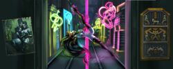 allods allods_online ancient_egypt black_hair city_background cybernetics cyborg female green_eyes grey_skin long_hair mask midorica_(artist) mummy neon_lights pole pole_dancing pubic_hair public public_nudity smile street stripper_pole striptease undead zombie