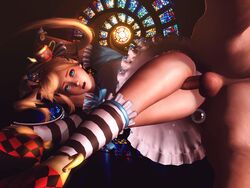 1boy 3d alice_in_wonderland alice_liddell_(cosplay) crossed_legs dead_or_alive doggy_style dress female legs_crossed male marie_rose mrstranger panties panties_aside partial_male penis sex size_difference testicles underwear