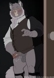 1boy 2025 absurd_res anthro balls beard blush bobby_bastion bodily_fluids bottomless button_(fastener) caught_in_the_act caught_masturbating claws clothed clothing collared_shirt colored cum cum_drip cum_on_hand cum_on_penis cum_string digital_drawing_(artwork) digital_media_(artwork) domestic_cat door door_handle doorknob doorway dripping erection facial_hair felid feline felis finger_claws footwear foreskin fur garter_belt garter_belt_socks garter_straps genital_fluids genitals grey_body grey_fur hand_on_penis hi_res humanoid_genitalia humanoid_penis lackadaisy lewalrus male male_only mammal masturbation overweight overweight_anthro overweight_male pantsless partially_clothed penile penis portrait rolled_up_sleeves shirt simple_background socks solo stretched_clothing tail text three-quarter_portrait topwear topwear_only tuft tufted_ears tufted_fur url vest whiskers