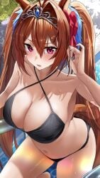 annoyed bikini black_bikini climbing_ladder daiwa_scarlet_(umamusume) ladder round_breasts spherical_breasts swimming_pool thick_thighs umamusume wading wide_hips