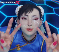 3d absurd_res after_sex bukkake chun-li clothed_female_nude_male cum highres semen shaddoll_x street_fighter surrounded_by_penises tongue