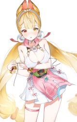 1girls absurd_res alice_thymefield animal_ears blonde_hair blush bunny_ears heterochromia hoyoverse kkopoli large_breasts leg_strap long_hair mihoyo orange_eyes pink_and_white pink_and_white_swimsuit red_eyes swimsuit twintails white_collar white_hairband zenless_zone_zero