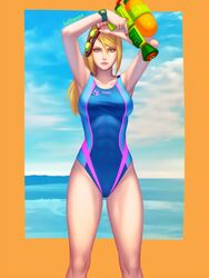 abs armpits arms_above_head arms_up beach bellhenge blonde_hair blue_eyes breasts closed_mouth female female female_only goggles large_breasts long_hair looking_at_viewer metroid mole nintendo one-piece_swimsuit outdoors samus_aran sidelocks solo swimsuit thick_thighs thighs toned watch water_gun