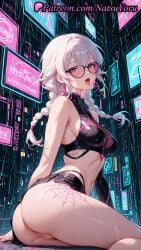 1girls 2025 ai_generated ass bare_shoulders black_shirt black_skirt braid breasts clothing crop_top earrings epic_games fortnite fortnite:_battle_royale glasses hi_res highres jewelry long_hair looking_at_viewer medium_breasts microskirt natsuyoru navel neon_lights open_mouth oshiri patreon pink_eyes pussy rain sabina_(fortnite) sitting skirt sleeveless solo stomach tattoo thighs tongue tongue_out twin_braids voluptuous voluptuous_female wet white_hair