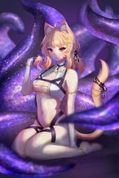 animal_ears armlet bare_shoulders barefoot blonde_hair blurry blurry_foreground breasts cat_ears cat_tail crop_top curtains depth_of_field facial_mark female jewelry looking_at_viewer medium_breasts navel ribbon short_hair sitting solo squchan_(vtuber) tail underboob vyugen wariza