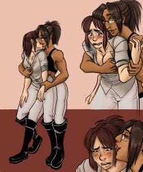 2girls ambiguous_consent attack_on_titan breasts brown_hair brown_hair_female brunette_hair crevan_grietje crying female female/female female_molester female_only femdom hand_on_breast hange_zoe hanji_zoe lesbian_kiss molestation molesting sasha_braus shingeki_no_kyojin tagme unbuttoned unbuttoned_shirt