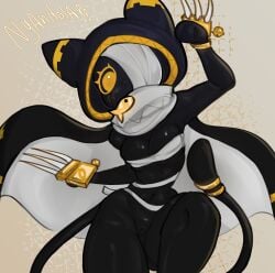 anthro bandage bandage_on_face bandaged_chest bandaged_head black_body bodily_fluids breasts cat_tail cloak clothing cyprinid cypriniform domestic_cat felid feline felis female fish genitals gold_accessories goldfish hi_res hood_up looking_at_viewer mammal marine monyauwu nyandola_(ratatan) pointy_ears prick_ears ratatan solo sweat sweaty_breasts vulva yellow_eyes