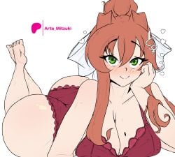 1girls absurd_res alternate_version_available arte_mitzuki artemitzuki_(artist) ass blush bra brown_hair doki_doki_literature_club female green_eyes heart legs_crossed looking_at_viewer lying lying_down mole monika_(doki_doki_literature_club) panties ponytail pose ribbon smile teenager underwear white_hair young