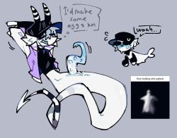 blue_background btascandalist clothing crop_top cropped_jacket duo floating forked_tongue genitals ghost grey_background gynomorph humanoid intersex legless male marine merfolk nonbinary_(lore) not_furry penis prehensile_penis shirt simple_background spade_tail spirit split_form striped_body stripes tail tapering_penis tongue tongue_out topwear