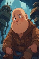 ai_generated cave fat_bald_man giant next old_torn_clothes robot_underground rusty_robots sad sitting to