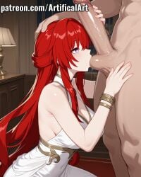 1boy ai_generated artifical_art balls balls_in_mouth blush bracelet female hair_ornament honkai:_star_rail honkai_(series) hoyoverse jewelry light-skinned_female light_skin long_hair mihoyo penis perfect_body purple_eyes red_hair sex sucking sucking_balls touching_penis tribios_(honkai:_star_rail)