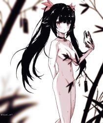 arm_behind_back bamboo bamboo_forest blush completely_nude convenient_censoring expressionless holding_mask honkai:_star_rail looking_at_viewer mask_removed medium_breasts petite signature slender sparkle_(honkai:_star_rail) tasteful_nudity