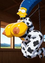 1girls ai_generated areola arms_behind_back arms_tied ass barn big_ass black_eyes blue_hair bodysuit bondage breast_cutout breasts chains collar cow_print cutout female female_only highres huge_breasts huge_nipples indoors latex legs_together marge_simpson mature_female milf navel navel_cutout nervous nervous_sweat nipples puffy_nipples shiny_clothes shiny_skin solo straps suspension the_simpsons thick_thighs wide_hips worried