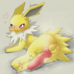 1:1 animal_genitalia animal_penis anus ass balls big_penis blush canine_genitalia canine_penis eeveelution feral fur generation_1_pokemon genitals grey_background heart_symbol hi_res jolteon knot lakryu looking_at_viewer lying male male_feral nintendo penis pokemon pokemon_(species) purple_eyes signature simple_background solo yellow_body yellow_fur