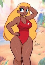 1girls absurdres athletic athletic_female barefoot big_breasts biracial blonde_hair bracelet breasts brown_skin brown_skinned_female caucasian caucasian_female clothing curvaceous curvaceous_female curvy_female dark-skinned_female dark_skin diego_mejia disney feet female fit fit_female gal green_eyes hawaiian highres human jewelry lifeguard lifeguard_(lilo_and_stitch) lilo_and_stitch long_hair multiple_views olive_skin olive_skinned_female one-piece_swimsuit red_one-piece_swimsuit swimsuit swimwear very_tall very_tall_female