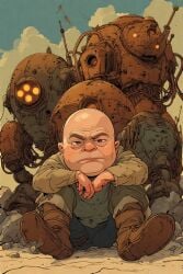 ai_generated cave fat_bald_man giant next old_torn_clothes robot_underground rusty_robots sad sitting to