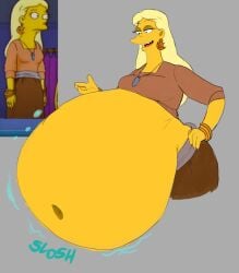 belly belly_expansion belly_inflation belly_noises big_breasts bracelets breasts earring earrings female hyper hyper_belly implied_vore motion_lines navel necklace smappa text the_simpsons unknown_character vore yellow_skin
