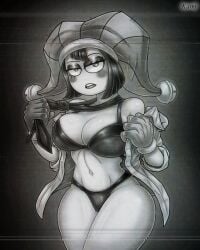 bikini black_and_white blush blush breasts button_down_shirt clown clown_girl gloves huge_breasts jester jester_hat kamikamatayan kamisulit looking_at_viewer monochrome neckwear pomni short_hair tagme the_amazing_digital_circus thick_thighs tie undressing voluptuous wide_hips