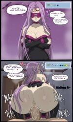 anus arms_crossed_under_breasts big_ass big_breasts blindfold blush commission commissioner_upload fate/grand_order fate_(series) gameplay_mechanics heart_symbol koni_urameshi low_cut_dress medusa_(fate) medusa_(rider)_(fate) motion_lines pawg pink_hair pussy pussy_juice pussy_juice_drip reverse_cowgirl_position sfx tattoo_on_forehead text text_bubble vaginal_penetration