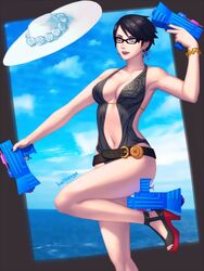 bayonetta bayonetta_(character) bayonetta_2 beach bellhenge belt bikini black_hair bracelet breasts cleavage earrings female female_only firearm glasses grey_eyes handgun heels navel one-piece_swimsuit open_toe_shoes outdoors short_hair solo swimsuit swimsuit_under_clothes water_gun weapon