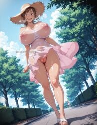 ai_generated azuma_hisato blush cleft_of_venus dress dress_lift embarrassed fat_pussy hat himawari_wa_yoru_ni_saku huge_breasts illustrious_(stable_diffusion) innie_pussy legs nervous nervous_smile nipple_bulge obviousaddicted puffy_pussy pussy stable_diffusion straw_hat thighs