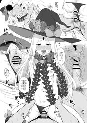 1boy abigail_williams_(fate/grand_order) bangs bar_censor blush bow breasts censored closed_eyes clothing comic cowgirl_position doujinshi drooling fate/grand_order fate_(series) female female_on_top go-m greyscale hairbow hat heart heart_censor highres keyhole leg_lock long_hair lying male mating_press monochrome navel nipples on_back open_mouth panties panties_aside parted_bangs penetration penis pov pussy saliva sex small_breasts spread_legs straddling sweat testicles tongue tongue_out translation_request underwear uterus vaginal_penetration witch_hat wrist_grab x-ray