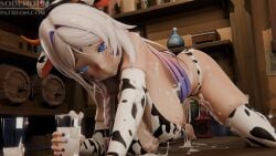 blush bovine citlali_(genshin_impact) cow_girl cum drunk genshin_impact large_breasts milk sodeno19