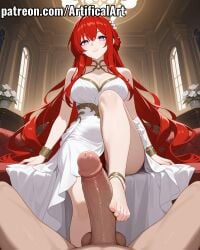 1boy ai_generated artifical_art balls blush bracelet feet female female_masturbing_male foot_fetish footjob hair_ornament honkai:_star_rail honkai_(series) hoyoverse jewelry light-skinned_female light_skin long_hair mihoyo penis perfect_body purple_eyes red_hair tribios_(honkai:_star_rail)