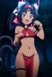 ai_generated cat_girl cat_pose forest harem harem_outfit nekomata nekomiya_mana night outdoors skimpy skimpy_clothes video_games zenless_zone_zero zzz