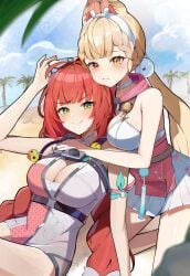 2girls absurd_res alice_thymefield animal_ears beach blonde_hair blush boob_window bunny_ears camera cute ekaki_hagoromo female_only green_eyes hand_on_chest heterochromia hoyoverse large_breasts laying_on_breasts looking_at_viewer mark_under_eye mihoyo orange_eyes pink_and_white pink_and_white_swimsuit red_eyes red_hair smug sunglasses swimsuit twintails ukinami_yuzuha white_collar zenless_zone_zero