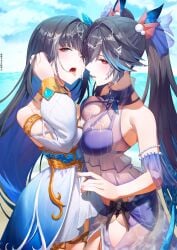 absurdres bare_shoulders bikini black_hair blue_bow blue_hair blue_sky blush bow breast_press breasts chinese_commentary colored_inner_hair commentary_request cowboy_shot cum cum_on_body cum_on_breasts cum_on_hair day dress female fingernails hair_intakes hairbow hand_up highres large_breasts long_hair looking_at_viewer lucia_(pgr) lucia_(punishing:_gray_raven) multicolored_hair ocean official_alternate_costume open_mouth outdoors punishing:_gray_raven purple_bikini purple_dress purple_eyes qu_(punishing:_gray_raven) red_eyes see-through_clothes see-through_dress selena_(pgr) skaven_gongcheng_shushi sky swimsuit symmetrical_docking tongue tongue_out twintails variant_set very_long_hair white_dress