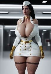 ai_generated big_breasts big_thighs black_hair breasts cd_projekt_red cleavage dress female gold_gloves looking_at_viewer projekt purple_eyes sexy stewardess the_witcher_(series) the_witcher_3:_wild_hunt tyagth white_background white_outfit yennefer yennefer_of_vengerberg