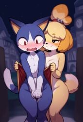 ai_generated animal_crossing assisted_exposure convenient_censoring covering covering_crotch embarrassed embarrassed_nude_male isabelle_(animal_crossing) nintendo nude rover_(animal_crossing) streaking undressing undressing_another