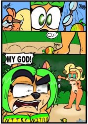 3_toes activision ami_bandicoot anthro bandicoot black_nose blonde_hair blonde_pubes bra breasts clothed clothing coco_bandicoot comic crash_(series) dialogue duo english_text eyebrows eyelashes eyewear fangs feet female food fruit fur genitals goggles green_eyes green_hair hair hi_res kaokaoarts mammal marsupial nude nude_anthro nude_female oddkao orange_body orange_fur partially_clothed partially_clothed_anthro partially_clothed_female plant pubes small_breasts speech_bubble teeth text thick_eyebrows toes underwear undressed undressing vulva wumpa_fruit yelling