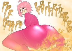 ass_bigger_than_torso facesitting fart fart_cloud fart_fetish farting farting_in_face farting_on_face fat_ass gasbox glasses huge_ass in_clothes looking_down pink_eyes pink_hair pink_panties smile thick_thighs tight_clothing tight_fit under_clothes wobbling_ass