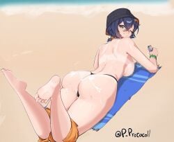 absurdres ass beach belle_(summer_skies)_(zenless_zone_zero) belle_(zenless_zone_zero) bikini_tan blue_hair female green_eyes highres lotion lying no_bra on_stomach one_eye_closed p_protocoll sand shorts sunscreen tan_body the_pose toes topless twitter_username wide_hips zenless_zone_zero