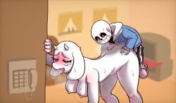 anthro blush bodily_fluids bone boss_monster_(undertale) bovid breasts caprine clothed clothed_male clothing deltarune drooling duo electronics female from_behind_position fur goat horn looking_pleasured male male/female mammal nipples nude nude_anthro nude_female nude_female_clothed_male phone purple_eyes saliva sans_(undertale) sex size_difference skeleton smaller_male sweat tears toriel undertale undertale_(series) white_body white_fur
