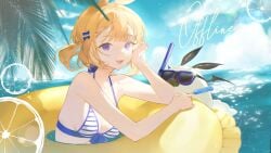 beach bikini bikini_top blonde_hair blue_bikini breasts day eyebrows_visible_through_hair female food front-tie_bikini front-tie_top fruit hair_ornament hairclip lemon looking_at_viewer lying ocean outdoors purple_eyes short_hair sky small_breasts smile solo striped striped_bikini swimsuit vyugen yenko
