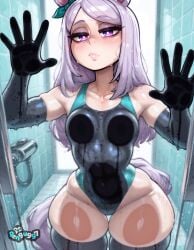 (place), (umamusume), 1girl, against animal at bangs, black blush, breast breasts breasts, closed clothes, collarbone, competition covered ears, elbow eyes, girl, glass, gloves, hair, highleg highleg, hips, horse lips, long looking makeup, mcqueen mejiro mouth navel, on one-piece press, purple shiny shiny, shower skindentation, solo, swept swimsuit, tail, thick thighhighs, thighs, tiles, umamusume viewer, wet, wide