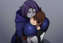 1boy 1girls ben_10 ben_tennyson brown_hair clothed_female clothed_male crossover gem_on_forehead large_breasts purple_hair purple_hair_female raven_(dc) teen_titans thebenravenagenda