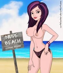 2025 ai_generated belly bikini_bottom breasts breasts brown_eyes_female carlshocker deviantart disney hand_on_leg looking_at_viewer meta naked_female nude_beach nude_female pink_hair_female purple_and_pink_hair purple_bracelet purple_hair_female red_eyebrows red_lipstick smile_at_viewer smiling_at_viewer topless_female tummy unknown_character