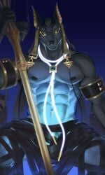 1boy abs animal_ears bara black_sclera closed_mouth colored_sclera dislyte drew_(anubis)_(dislyte) drew_(meta_anubis)_(dislyte) english_commentary furry furry_male highres holding holding_staff jackal_boy jackal_ears looking_at_viewer male_focus muscular muscular_male navel nipples pectorals penis penis_peek sacorxi sitting staff topless_male yellow_eyes