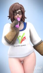 1girls 3d absurdres alternate_costume bottomless dildo eyewear fellatio female female_only glasses highres looking_at_viewer mei_(overwatch) oral overwatch pajamei pussy solo thick_thighs vyxor