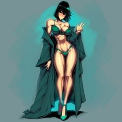 1girls abs ai_generated bare_arms bare_legs bare_shoulders bare_thighs big_breasts blush bra color female fit_female fubuki_(one-punch_man) gigiti green_eyes green_hair large_breasts looking_at_viewer muscles muscular muscular_female one-punch_man panties short_hair thick_thighs